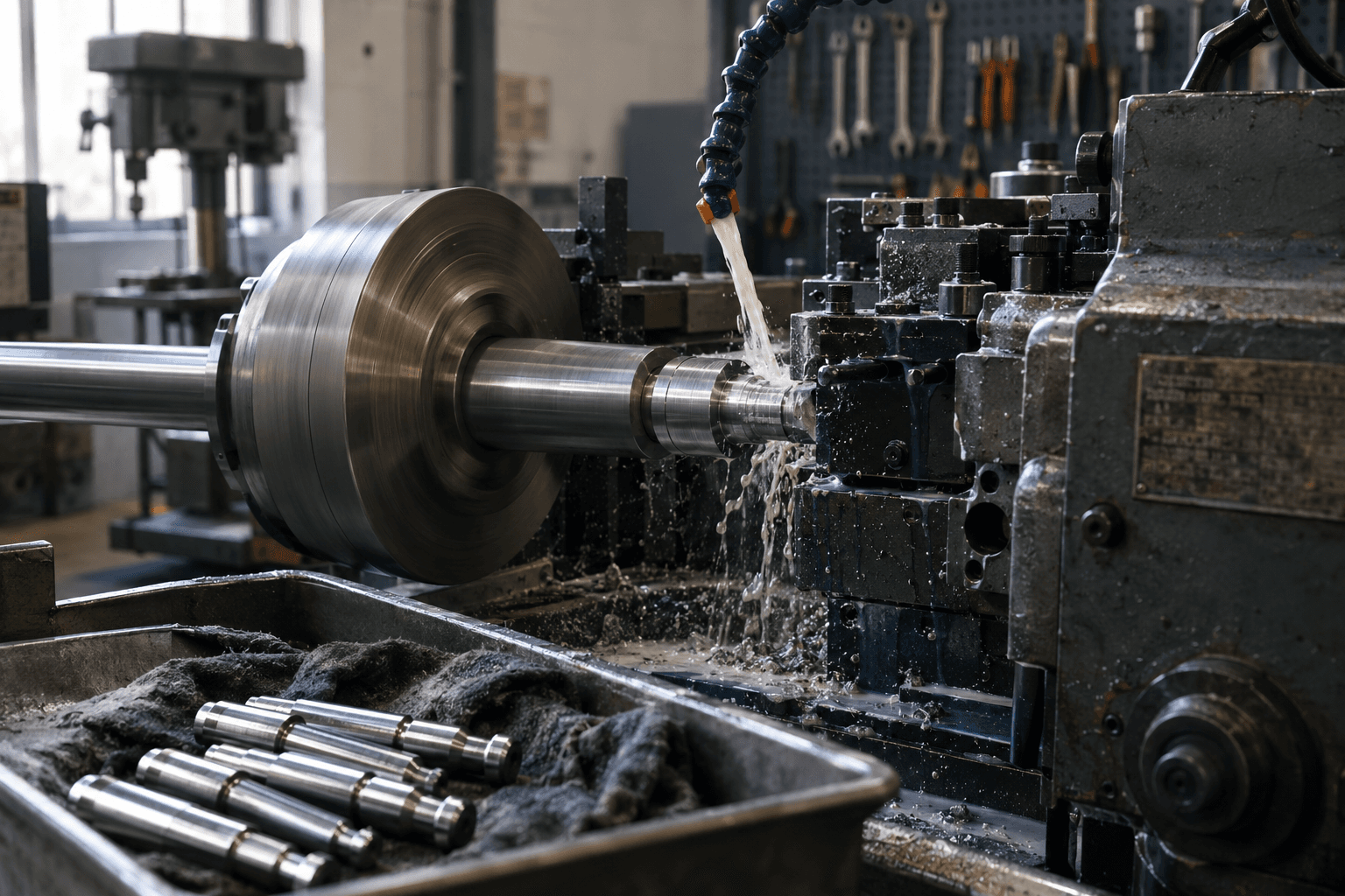 Traub single-spindle automatic lathe turning a steel component under coolant